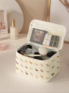 Cute Dog Pattern Travel Cosmetic Bag, Portable Makeup Brush Organizer, Large Capacity Storage Box, Stylish Travel Accessories, Perfect for All Seasons, Makeup Organizer Pouch, Travel Essentials