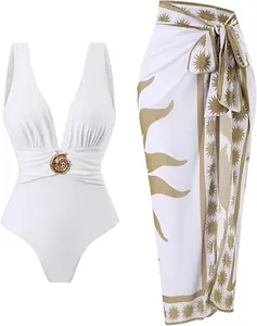 SwimWeek  One Piece Swimsuit with Cover up Wrap Skirt Sarong Floral Print Plunge V Neck Bathing Suit for Women