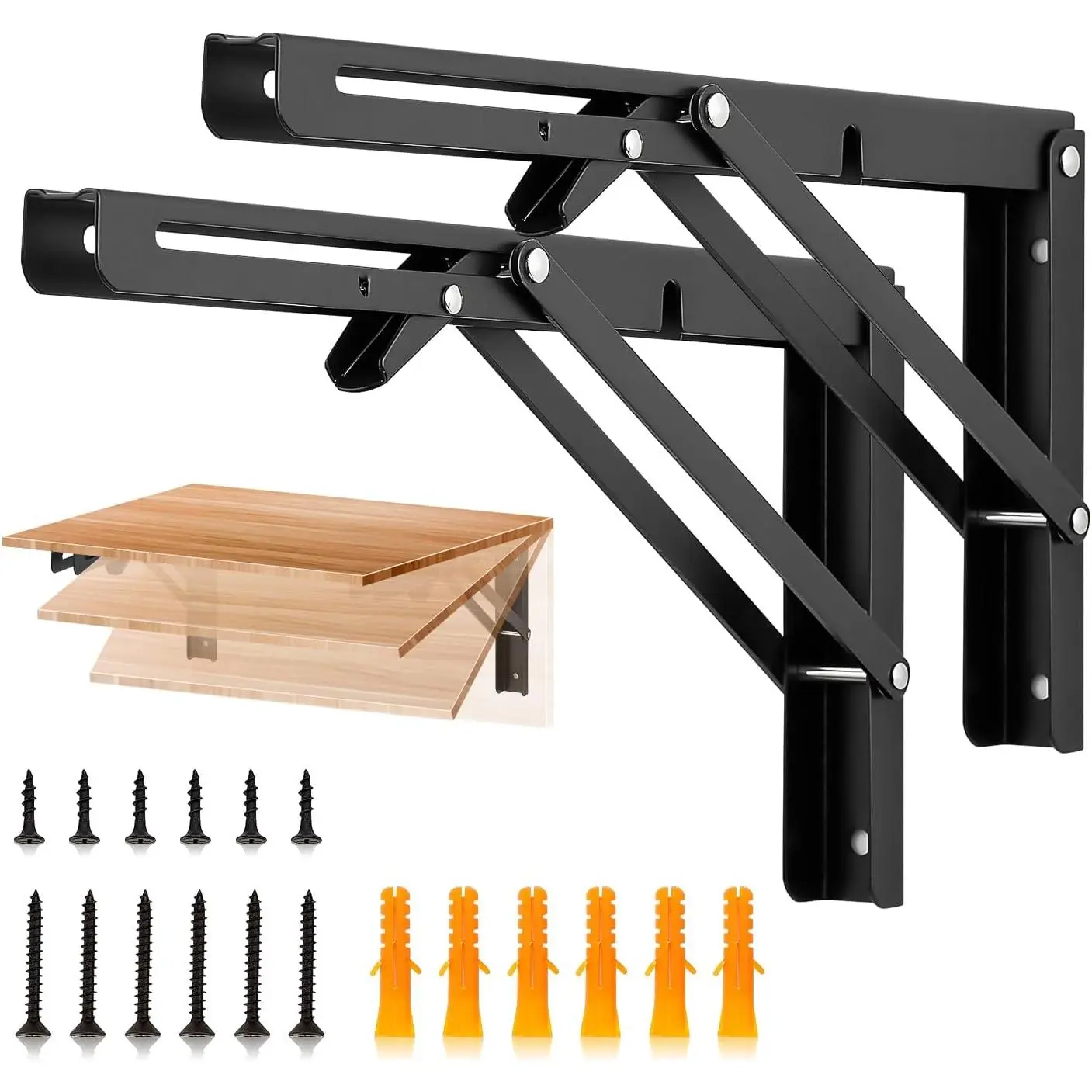 12 Inch Heavy Duty Folding Shelf Brackets, 2 Pack (1 Pair) Collapsible Wall Mounted Brackets for Fold Down Table, Stainless Steel Folding Table Hinge, Matte Black