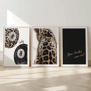3pcs/set Frameless Lucky No. 8 Ball Leopard Cheetah Canvas Print Decorative Artwork How Lucky We Are Quote Wall Art Poster for Modern Living Room Home Decor