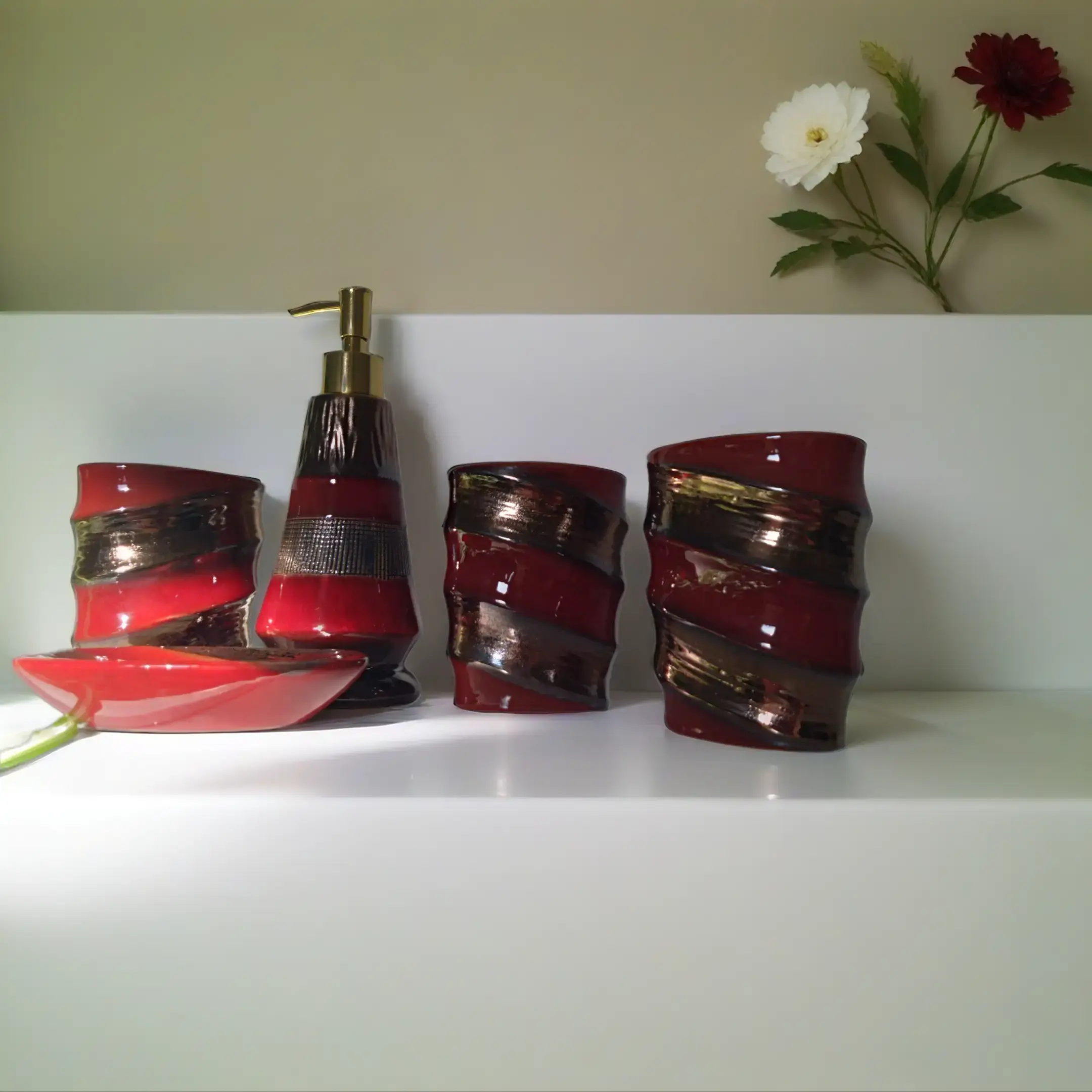 Watson Bathroom Accessories 5-Piece Red & Golden Brown Retro Ceramic Bathroom Accessory Set, Elegant Design, Durable Construction, Includes Soap Dish, Toothbrush Holder, Five Pieces