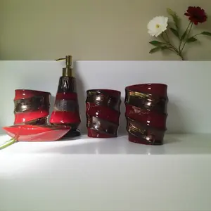 Five Piece Red And Golden Brown Ceramic Bathroom Accessory Set with Elegant Design and Durable Construction