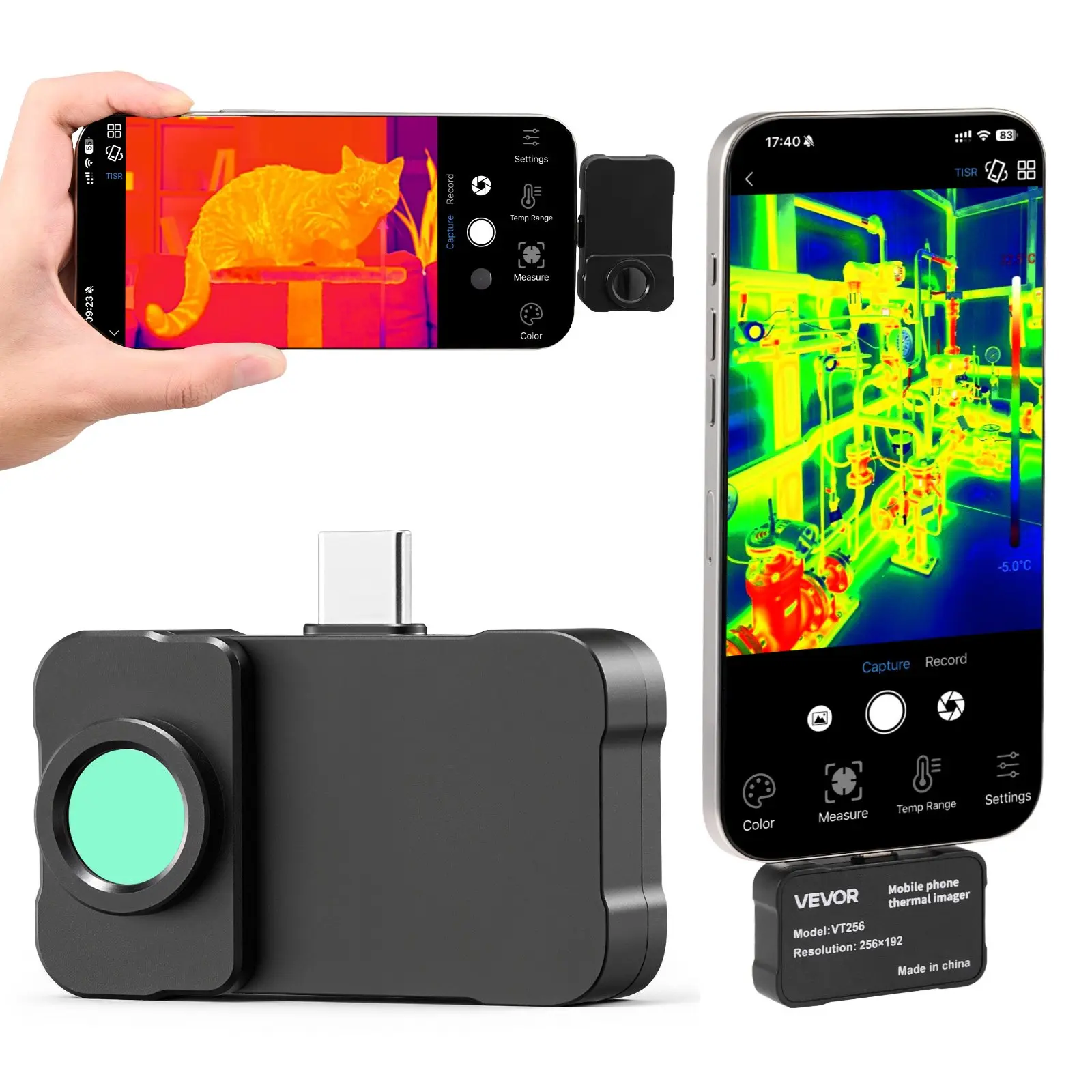 【Summerfinds】VEVOR Thermal Imaging Camera for Android/iOS Users, 512x384 High-Res Img, 25Hz Refresh Rate, Macro Lens, -4°F to 1022°F, Aluminum Alloy Infrared Thermal Imager for Smartphones/Tablets, Plug-and-Play for HVAC Check, Visible Light, -10°C To