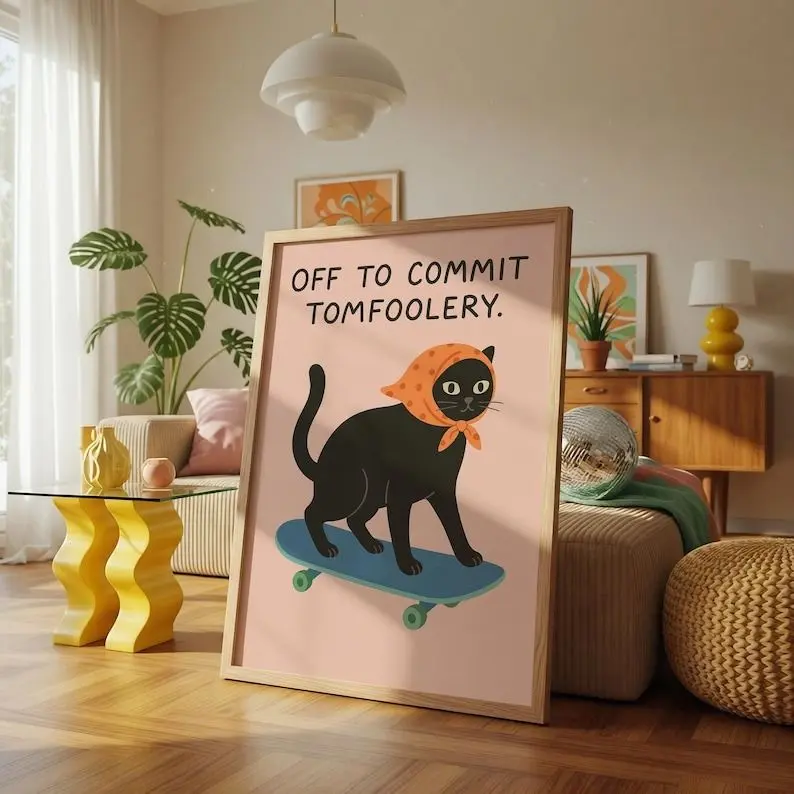 Artistic Funny Cat "Off To Commit Tomfoolery" Digital Photo Print - Paper Wall Decoration, Mount-Compatible Home Decor for Rooms & Wardrobes