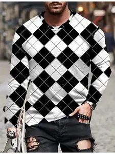Men's black and white checkered print simple Classic crew neck long-sleeved T-shirt, suitable for spring and autumn casual fashion outdoor street sportswear everyday wear Streetwear