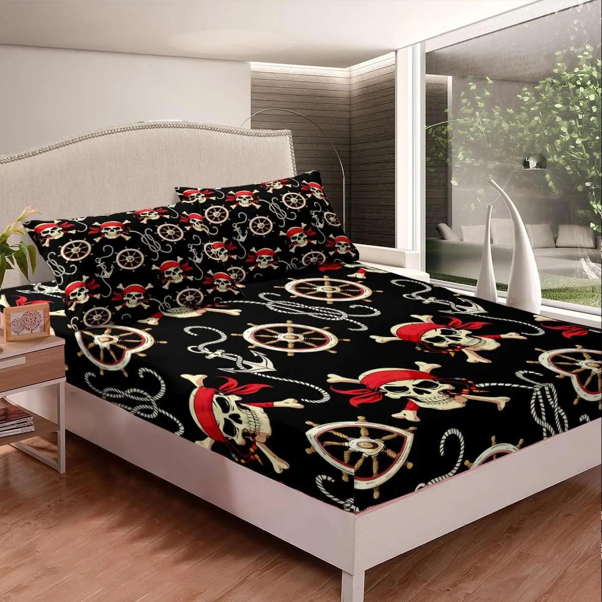 Feelyou Nautical Pirate Themed Fitted Sheet Set - Skull-Rudder Skeleton Design, Deep Pocket Bedding Covers, Warm Fantasy-Inspired Novelty 5D Artistic Graphic Bedding Sheets, Suitable for Bedroom Use, Fantasy-Inspired Fitted Sheets, Novelty Fitted Sheets