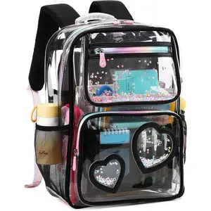 Clear Backpack for  Teens Girls Women Heavy Duty See Through Backpacks Cute Elementary Middle High School Bag TPU Transparent Bookbag for College, Work, Stadium Events,  Travel-Black