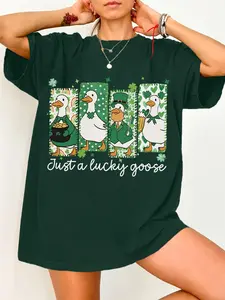 Women's Milk Silk Graphic Tee, Breathable Fitted No Pilling Design, Lucky Duck Print Street Style, Perfect Summer Casual Wear