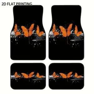 4pcs Car Floor Mats, Orange Butterfly Black Base Dense Vivid Pattern Print, Material  Vehicle Floor Mats, All-Season Car Decor Accessories, Easy to Clean, Suitable for Front and Rear Seats, Durable Interior Parts, Car Accessories Indoor Floor Mats