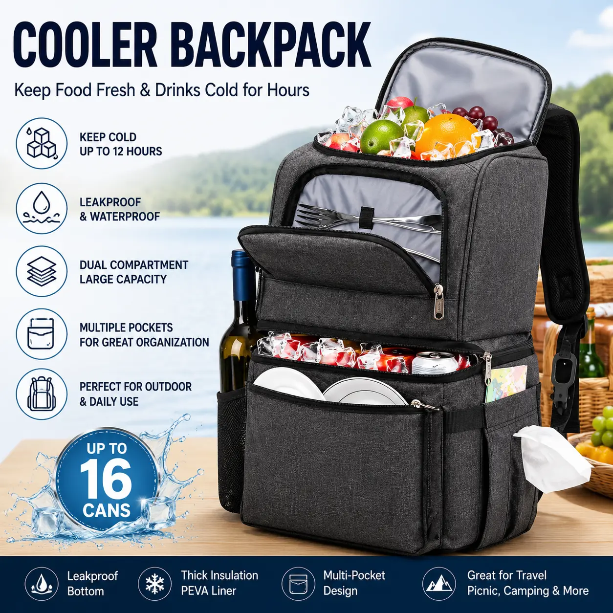 Insulated Cooler Backpack for Adults, 28-Can Dual Compartment Soft-Sided Bag, Lightweight, Leak Proof, and Waterproof for Hiking