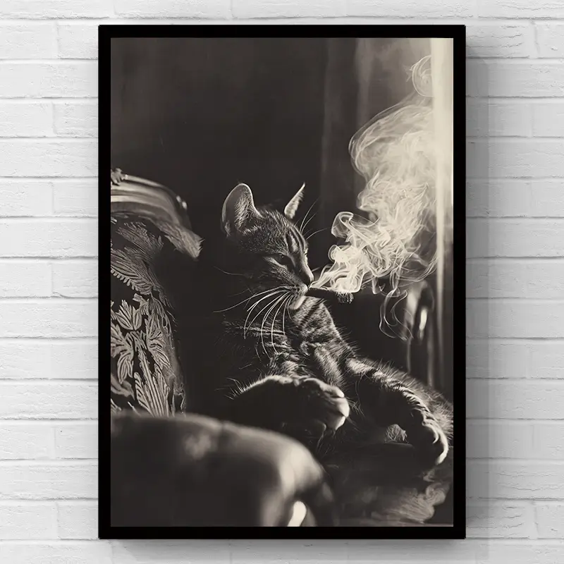 Vintage cool smoking tabby cat 2D flat canvas wall art, funny retro pet poster wall decor, unique home ornament and wall art decoration, novelty print gift, bar man cave living room pet lover indoor wall art