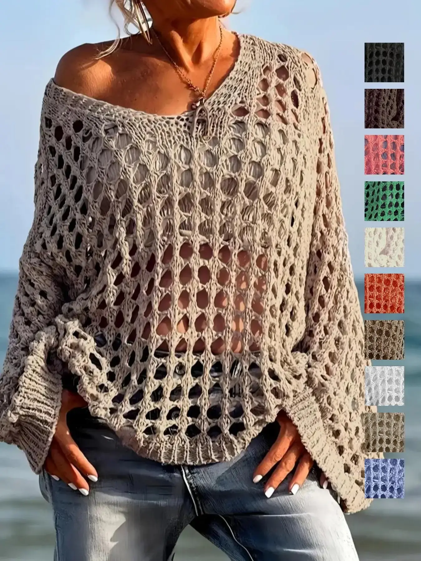 Women's Hollow Out V Neck Knit Sweater, Loose Batwing Sleeves, Shoulderless Boho Style, Long Sleeve, Casual Vacation Wear, Womenswear Knitwear Bohemian Tops, Knitted Top