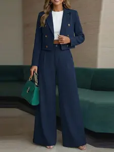 Women's Casual Crop Blazer Suit Set, Fall & Winter Fashion, Fitted Design, Moderate Fabric, Plain Pattern, Solid, Two Button Style