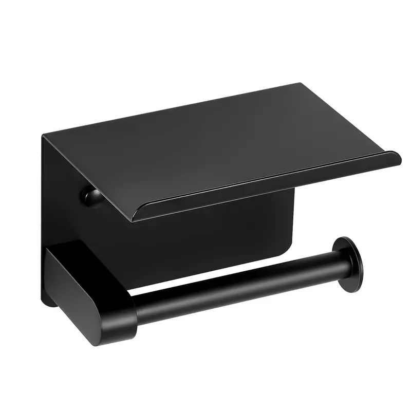 VEVOR Stainless Steel Rustproof Matte Black Toilet Paper Holder with Shelf, Smooth Installation, Waterproof, Wall-Mounted (Screws & Double-Sided Tape), Fits Mega Rolls, Bathroom Tissue Holder
