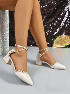 Women's Plain High Heel Studded Pearl Sexy Fashion Elegant Pointed Toe Slip-On Buckle Strap Sandals, New Style Thin Heel Women's Shoes