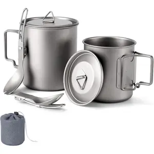 Titanium Camping Cookware 420ML & 750ML Titanium Pot with Lid and Spork Lightweight Camping Pot for Backpacking Hiking Traveling and Picnic