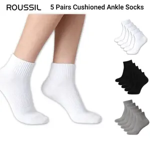 5 Pairs  Sport Essential Cushioned Ankle Socks for Women's Daily Wear, Wicking Casual Athletic Socks, Lady's Hosiery, Socks for Women, Lycra Seamless 360° Arch Support Sweat- (Solid White/Black/Gray, Everyday Use)