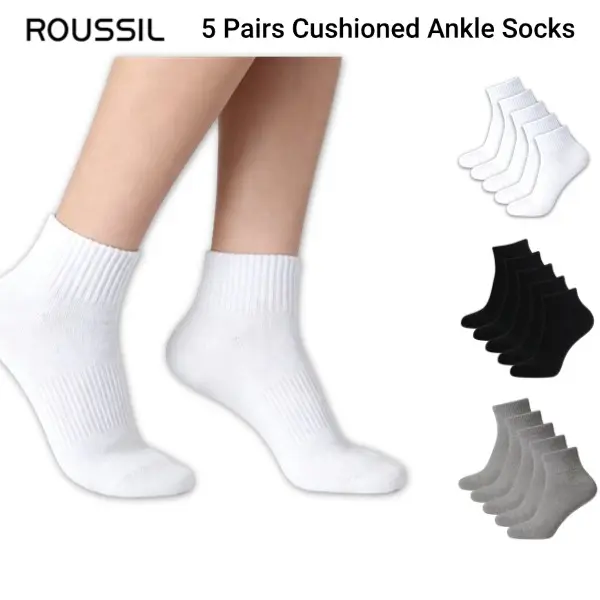 5 Pairs  Sport Essential Cushioned Ankle Socks for Women's Daily Wear, Wicking Casual Athletic Socks, Lady's Hosiery, Socks for Women, Lycra Seamless 360° Arch Support Sweat- (Solid White/Black/Gray, Everyday Use)