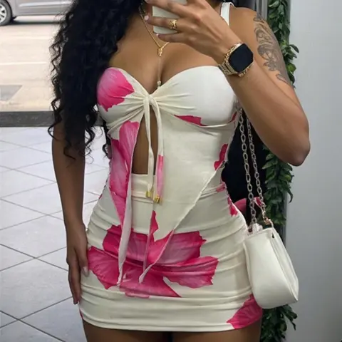 Women's Floral Print Knit Fabric Tube Top & Bodycon Skirt Two-piece Set Skirt Sets, Matching Sets, Two Pieces Sets, Fashion Casual Strapless Crop Short Top & Skirt for Daily Outdoor Wear, Ladies Clothes Womenswear for All Seasons