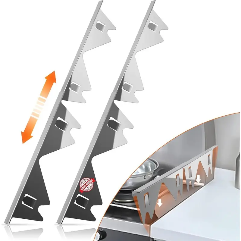 Home Supplies Heat-Safe Steel Stove Gap Covers (2-Piece Retractable Quick Fit), 13.8" to 27.5" Adjustable Length, 3.9*13.8*0.79 Inch Size, Corrosion-Resistant, Easy to Clean, Food Drop Blocker, Silver Trim, Sturdy Shape-Retaining Splash Guard