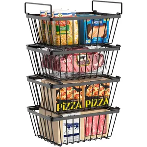 Freezer Organizers bins with Folding Handles,4 Pack Stackable Upright Freezer Organizers baskets for 5-7 Cu.Ft Deep Freezer Storage, Increased Space for  Storage, Easy to access,Black
