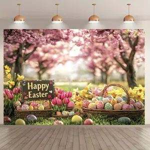2D Planar Easter Garden Scene Banner in UV Printed Polyester Fabric, Vibrant Flowers and Cheerful Designs for Indoor and Outdoor Decoration