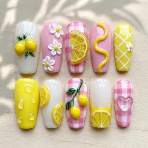 Lemon Press on Nails | Pink Gingham Nail Art Coffin | 3D Fruit Nails Yellow | Summer Lemonade Nails | Handmade Trendy Nails | Pastel Nails
