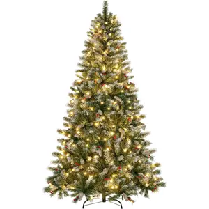 6ft Pre-lit Frosted Artificial Hinged Christmas Tree with 818 Flocked PVC Tips 62 Pine Cones 62 Holly Berries 250 Warm White Lights Foldable Stand Green