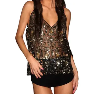 Women's Sequin Camisole Spaghetti Strap V-Neck Cropped Tank Tops Streetwear Vest Womenswear