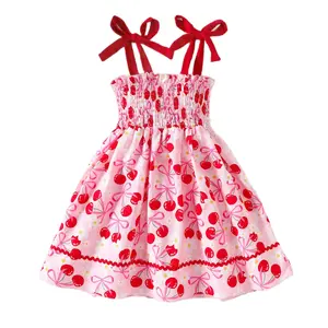 Kids Toddler Baby Girl Summer Outfit Cherry Smocked Dress Spaghetti Strap Sleeveless Floral Bow A-line Dress Clothes