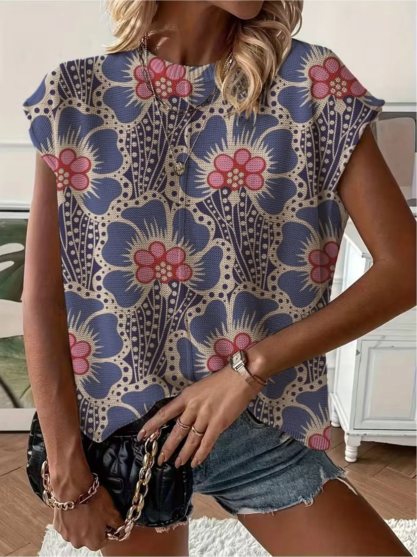 Spring/Summer crew neck drop-shoulder loose fit contrast floral print short-sleeve women's knit top, vacation style, casual elegant commute, ladies short-sleeve knit top, bikini cover-up, Swimsuit Cover Up, Beach Cover Up