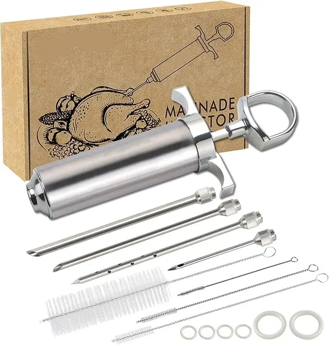 304-Stainless Steel Meat Injector Syringe Kit with 4 Marinade Needles for BBQ Grill Smoker, 2-oz Large Capacity, Both Paper User Manual