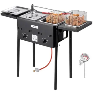 VEVOR Outdoor Propane Deep Fryer,  Dual-Tank 8QTx2 Commercial Fryer, Stainless Steel Cooker with Foldable Platform, Dual Basket, and Heat Adjustment, Floor Standing Fryers for Restaurant Home Snack Bar