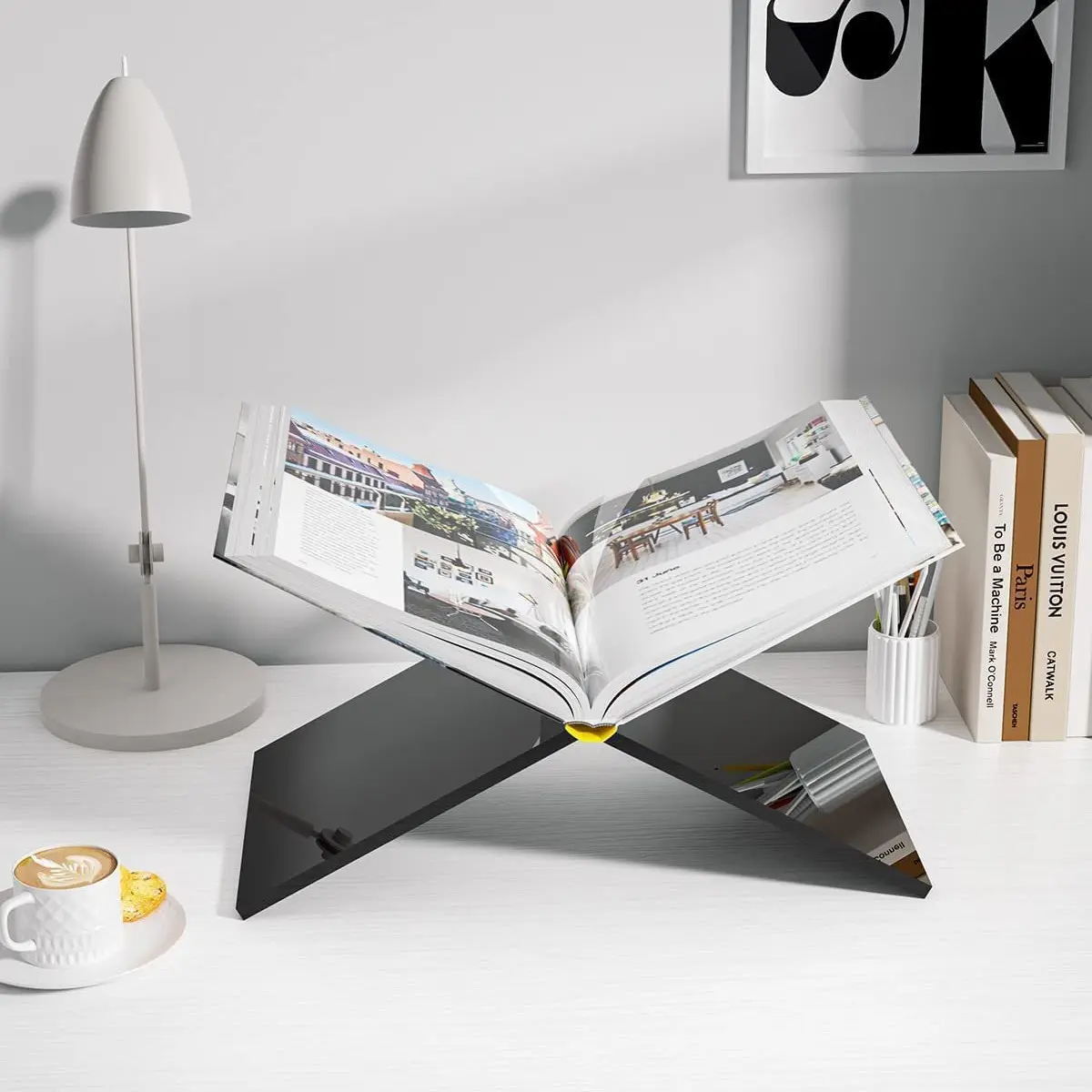 Acrylic Bible Recipe Magazine Book Stand, Creative Desktop X-Shaped Display Rack, Reading Bookshelf for Textbooks & Notebooks, Office Organizer, Book Holder, Office Desk Accessories