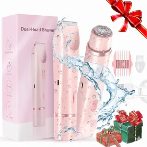 Electric Bikini Trimmer for Women, 2-in-1 Rechargeable Body Shaver & Facial Razor, Dual Heads for Painless Pubic Hair, Underarm, Face & Leg Trimming, IPX7 Waterproof Groomer