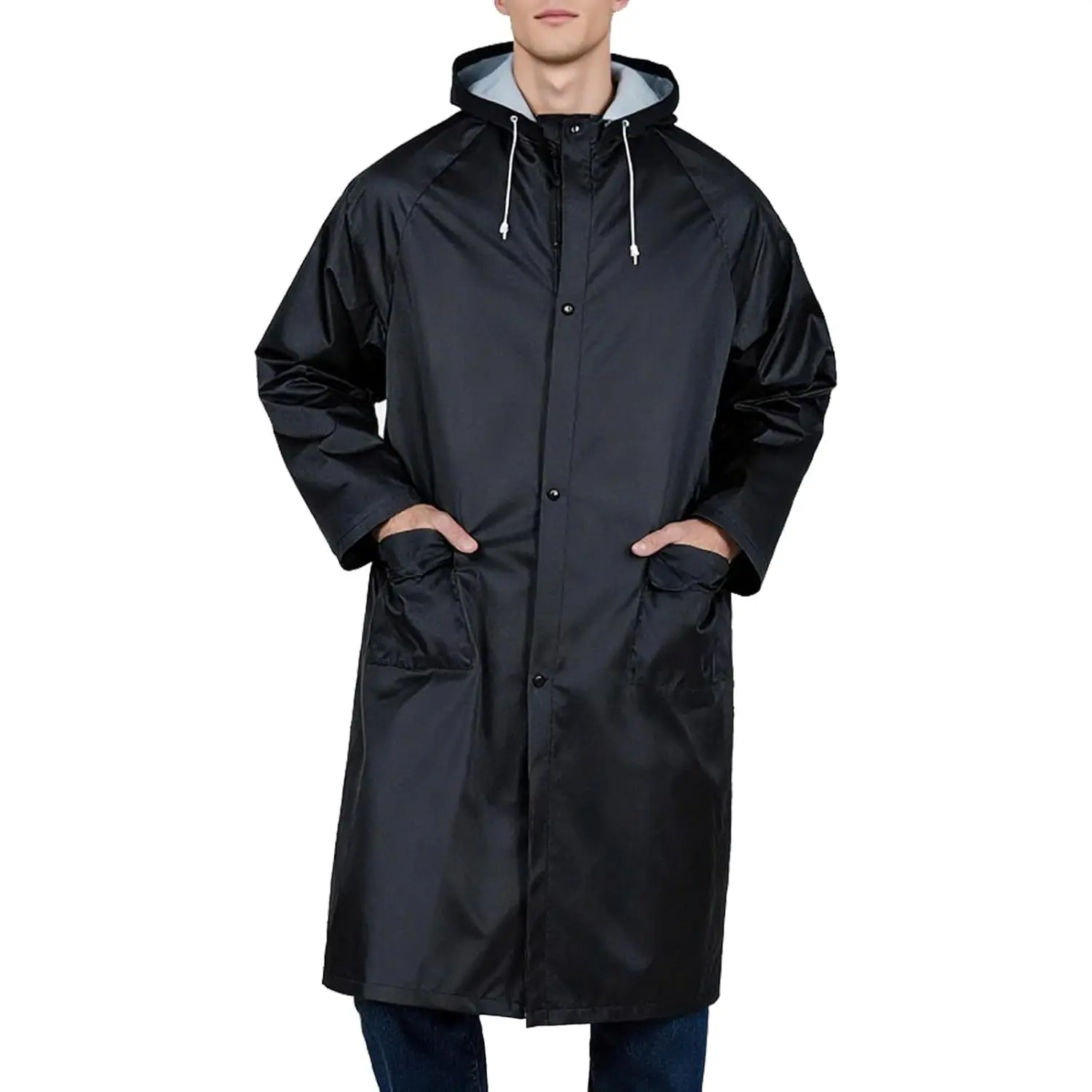 Classic Menswear Long Rain Coat, Durable Oxford Fabric Waterproof Windbreaker with Hood and Adjustable Sleeves, Pockets, Outdoor
