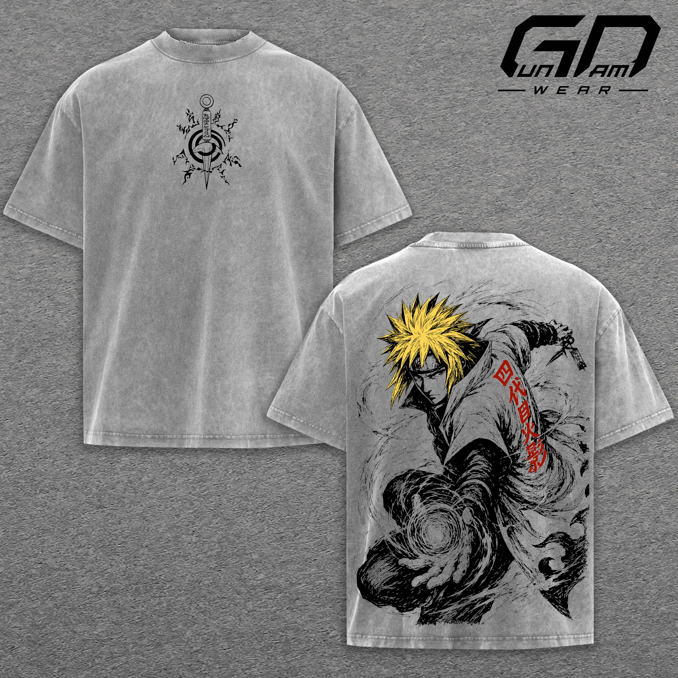Minato Namikaze Vintage Washed Tee – Fourth Hokage Rasengan Gothic Tattoo Art T-Shirt | Japanese Dark Style Blackwork Graphic Tee | Heavy Cotton Unisex Oversized Streetwear Top | Anime Manga Graphic Tee