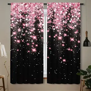 2-Pack, 2D flat print, sparkling pink and white stars black background print curtains, translucent rod pocket design, suitable for bedroom living room bathroom dining room home decoration, art design adds elegance and romance, Window Curtain Replacement