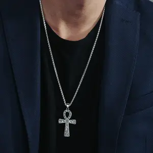 FaithHeart Egyptian Ankh Cross Pendant Necklace With Hieroglyphic Stainless Steel