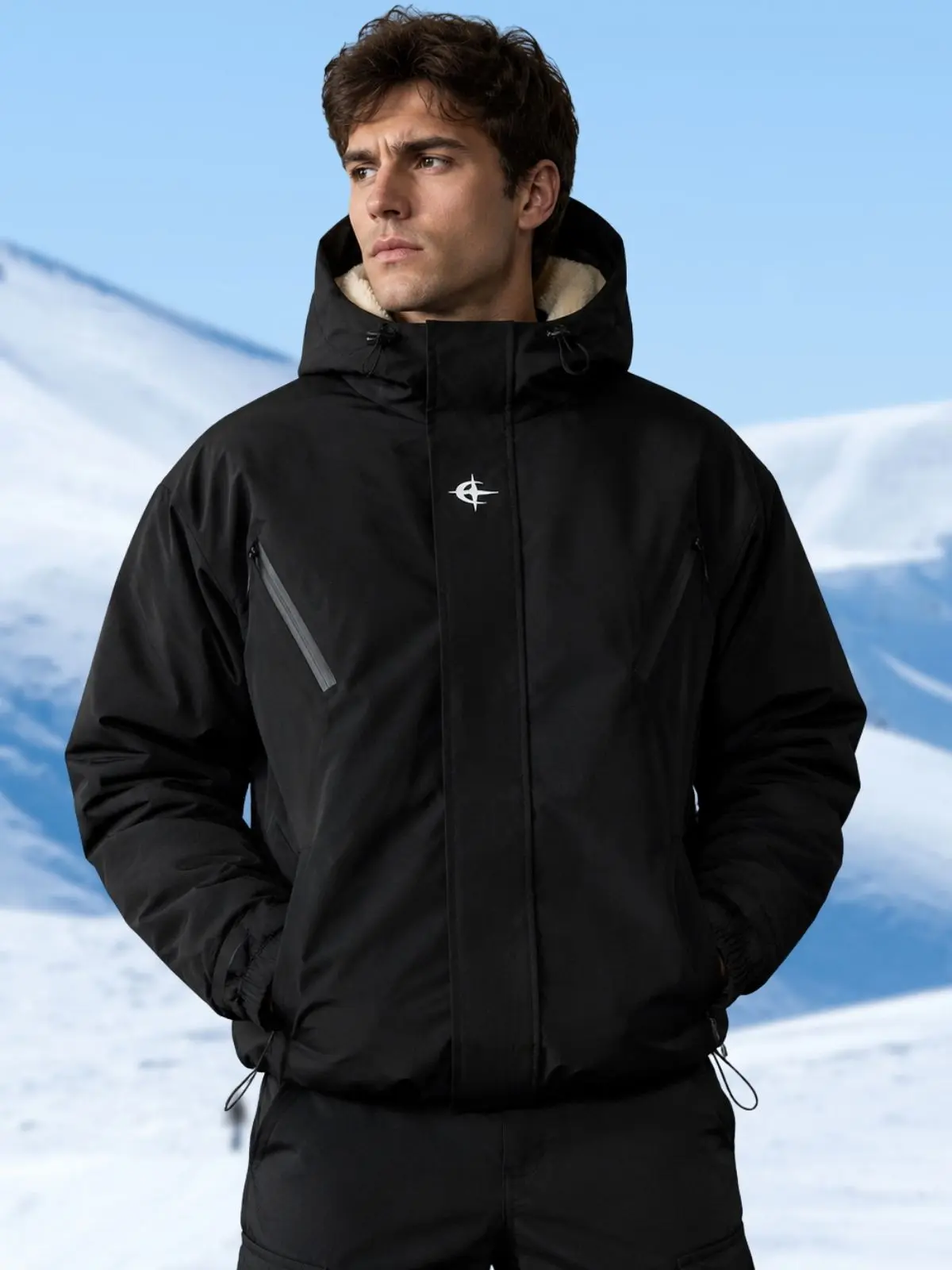 Men’s winter hooded jacket with fleece lining, short length, drawstring, outdoor workwear softshell jacket
