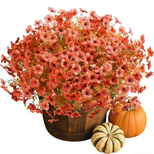 10 Bundles Artificial Fall Mums Flowers Outdoor, Fake Silk Autumn Orange Daisy, UV Resistant Realistic Faux Floral for Porch Patio Planter Autumn Decor