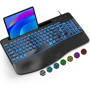 Ergonomic Backlit Computer Keyboard, USB Wired 7-Color Lighted Keyboard with Wrist Rest and Phone Holder, Wave Keys Design, Plug and Play for Windows, Laptop, PC, Desktop, Gaming