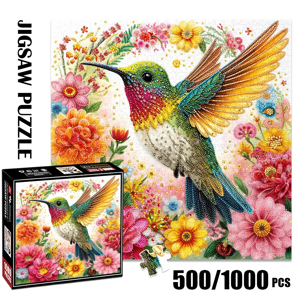 1pc 1000 piece adult puzzle 58x58cm Hummingbird Surrounded by Colorful Flowers 500 pieces of paper Jigsaw Puzzle, suitable for adults and families, large-scale DIY puzzle interactive toy games, birthday ho Animal