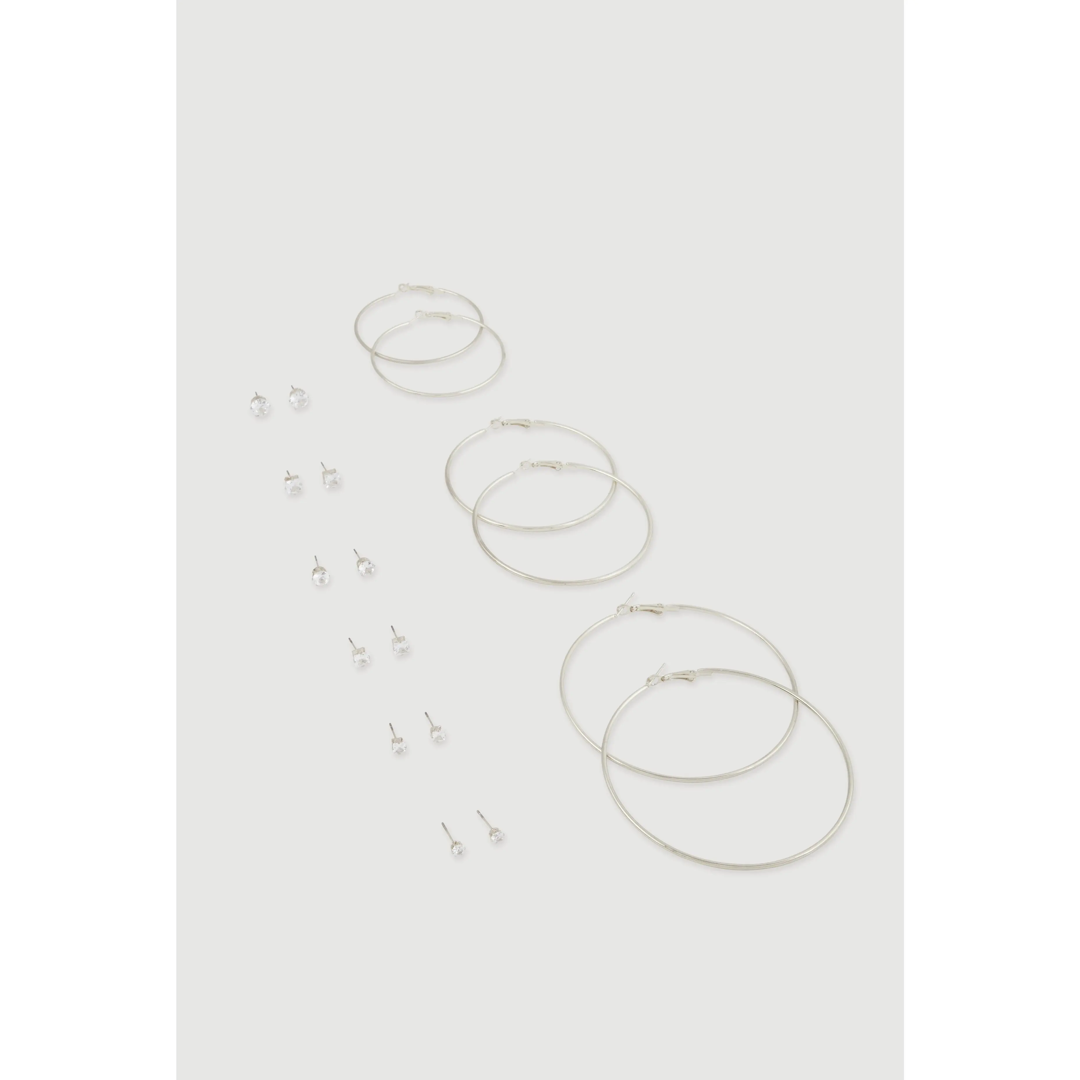 Cubic Zirconia Stud Earrings and Metallic Hoops Set of 9