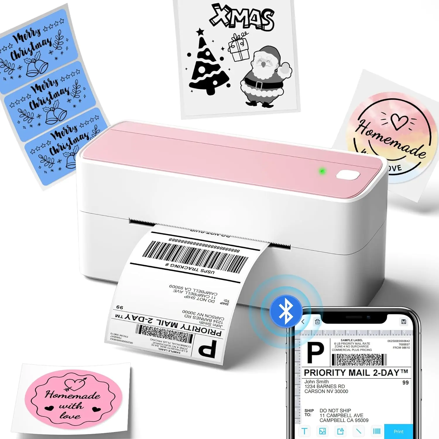 Phomemo Bluetooth Thermal Label Printer, 241BT 4X6 Wireless Shipping Label Printer for Small Business, Pink Label Printer for Shipping Packages, Compatible with iPhone, Android, Amazon, Shopify, UPSP