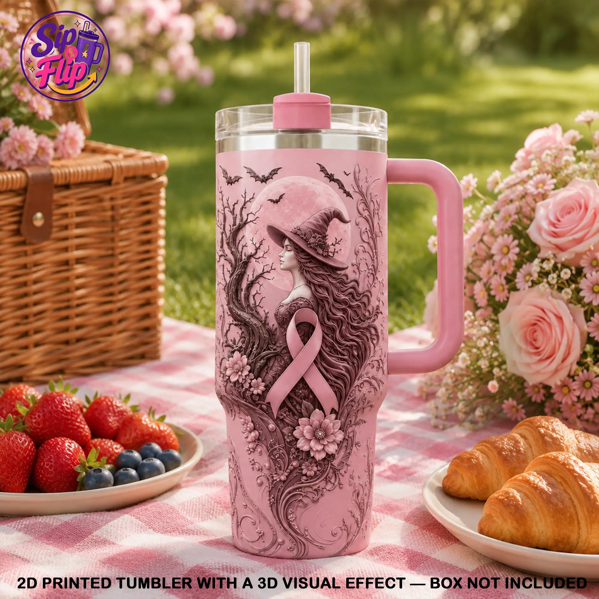 Pink Ribbon Breast Cancer Awareness 40oz Tumbler, High-Quality Insulated Cup With Handle, Stronger Together Support Tumbler, Survivor Fighter Family Gift, October Awareness Pink Gift, Leakproof Travel Cup