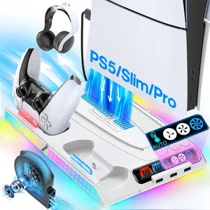 Cooling Station and Stand for PS5/Slim/Pro, PS5 Cooling Fan Auto Control for Digital/Disc Console, PS5 Controller Charger, Play 5 Gaming Accessories with 9 RGB Lights, PS5 Charger
