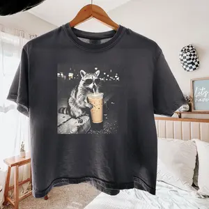 Comfort Colors Boxy Crop Top Funny Raccoon Drinking Iced Coffee T-shirt