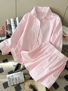 2pcs Set Women Casual Simple Fashion Linen Loose Long Sleeve Top Button & Shorts Suit Fall Cloth For Women, Outfit Fitted Bottoms