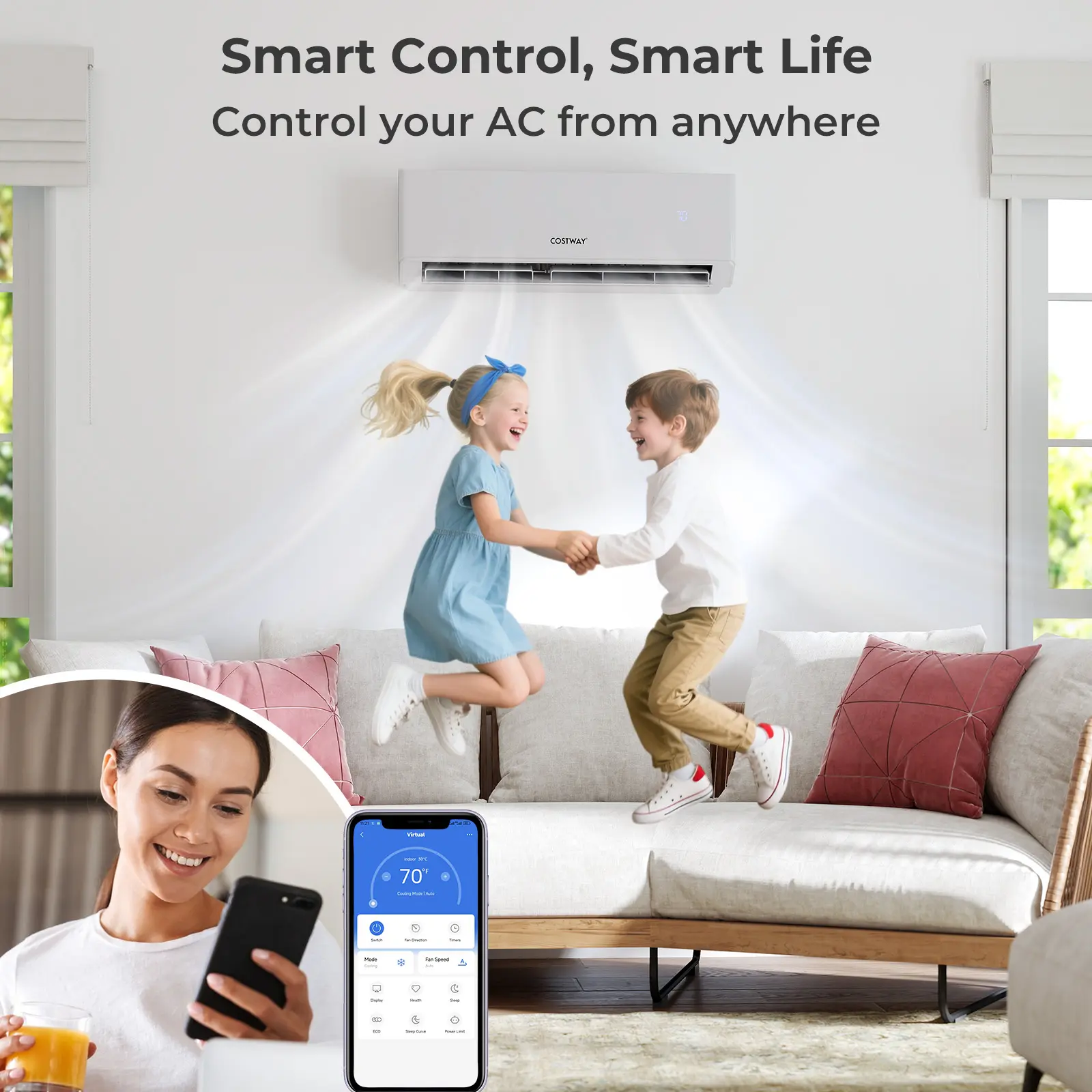 COSTWAY - 30000 BTU 4 Zone 23 SEER2 Mini Split Air Conditioner Wifi Enabled with Heat Pump-9K + 9K + 9K + 9K